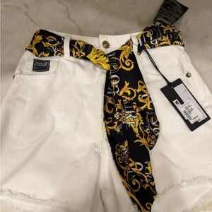 Versace White Denim Shorts with silk belt